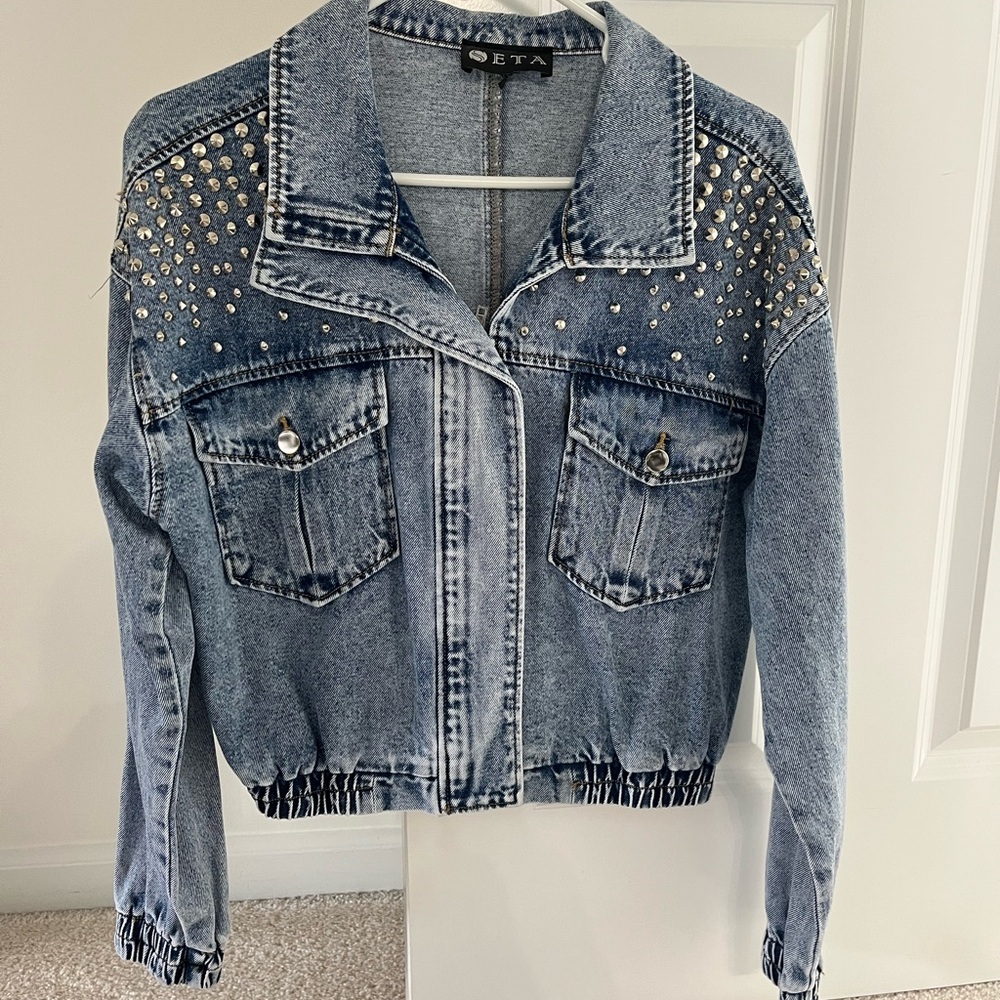 Seta - Cropped Blue Jean Jacket with studs Embellishments, used only once.